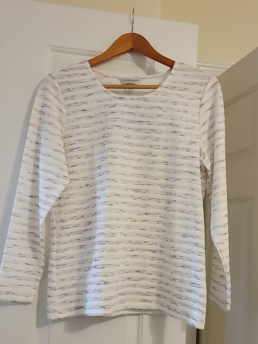 Christopher & Banks Petite White Top with Subtle Multi-Color Stripes
